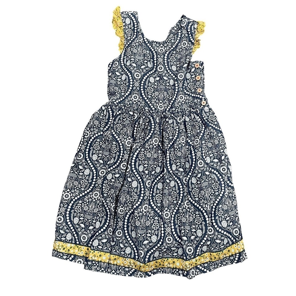 Matilda Jane Clothing Girls Dress Size 14 Blue Floral Print Yellow Lace Trim‎